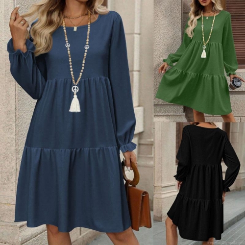 Women's Casual Solid Color Tiered Midi Dress Round Neck Long Puff Sleeve Ruffle Hem Loose Flowy Smock Dress For Women Daily Vacation Autumn