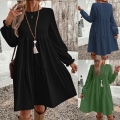 Plus Size Women's Tiered Dress Solid Color Polyester Spandex Round Neck Puff Long Sleeve Midi Cake Dress Casual Loose Fit Elegant Lady Spring Autumn Gown