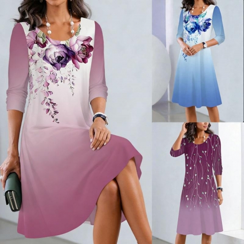 Women's Elegant Graduated Floral Print Midi Dress 3/4 Sleeve Crew Neck A-Line Knit Dress Casual Summer Beach Vacation Dress For Daily Wear