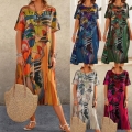 Women's Bohemian Abstract Print Midi Dress Short Sleeve Round Neck Casual Polyester A-Line Loose Long Dress For Resort Beach Daily