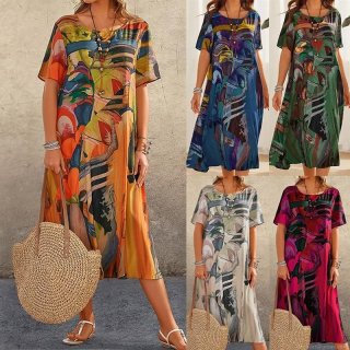 Women's Bohemian Abstract Print Midi Dress Short Sleeve Round Neck Casual Polyester A-Line Loose Long Dress For Resort Beach Daily