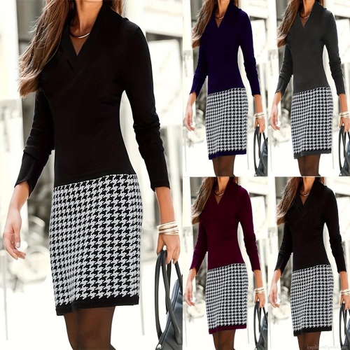 Women Elegant Houndstooth Patchwork A-Line Dress V-Neck Long Sleeve Contrast Color Midi Dress For Office Daily Commuting Ladies