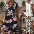 Women Summer Casual V-Neck Short Sleeve Printed Midi Dress Polyester Spandex Loose Fit A-Line Boho Floral Feather Pattern Pullover Dress for Beach Vacation