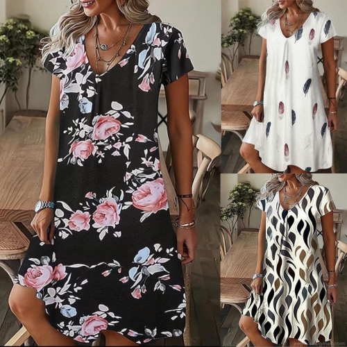 Women Summer Casual V-Neck Short Sleeve Printed Midi Dress Polyester Spandex Loose Fit A-Line Boho Floral Feather Pattern Pullover Dress for Beach Vacation