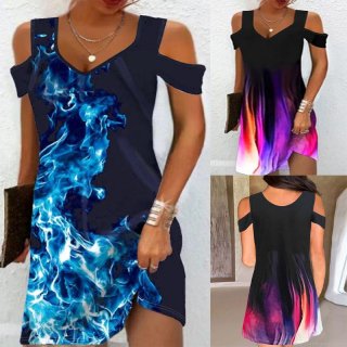 Women's Sexy Cold Shoulder V-Neck Midi Dress Abstract Flame Print Casual Loose Summer Short Sleeve Party Club Dress