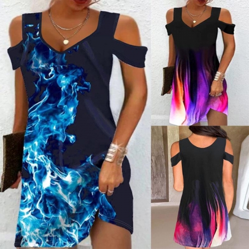 Women's Sexy Cold Shoulder V-Neck Midi Dress Abstract Flame Print Casual Loose Summer Short Sleeve Party Club Dress