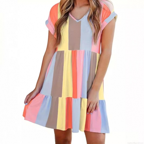 Women Summer V Neck Short Sleeve Midi Dress Fashion Casual Multi Color Striped Print A-Line Dress With Ruffle Hem Comfortable Loose Lady Beach Sundress