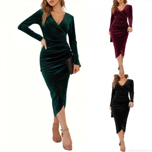 Elegant Women's Velvet Long Sleeve V-Neck Dress Ruched Bodycon Midi Dress For Party Evening Wedding Guest Polyester Spandex Slim Fit Dress