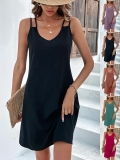 Elegant Women Summer Camisole Dress Polyester Spandex Blend V Neck Sleeveless Slim Fit High Waist A-Line Midi Dress For Vacation Beach Party Wear