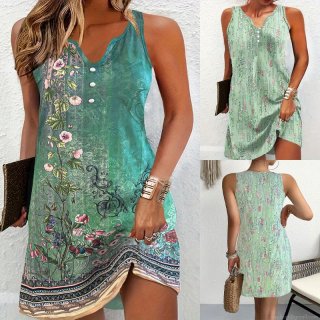 Women's Sexy Sleeveless V-Neck Floral Print Midi Dress Summer Casual Polyester A-Line Sundress For Vacation Beach Daily Wear Lightweight Breathable