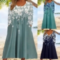 Women's Casual Floral Print Midi Dress Round Neck Long Sleeve Bohemian Resort Style Patchwork Dress With Buttons And Pockets Summer Vacation Beachwear