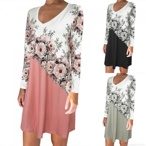 Women's Elegant V Neck Long Sleeve Floral Print Patchwork Midi Dress Autumn Winter Casual Color Block A-Line Dresses for Women