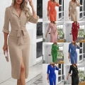 Women Solid Color Lapel Shirt Dress Elegant Waist Tie Long Sleeve Slit Midi Dress Autumn Casual Office Dress for Women