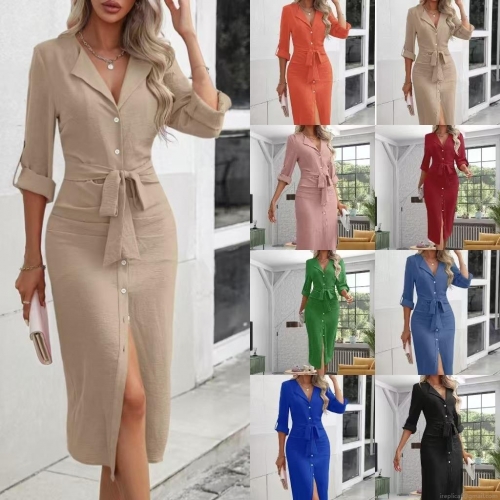Women Solid Color Lapel Shirt Dress Elegant Waist Tie Long Sleeve Slit Midi Dress Autumn Casual Office Dress for Women