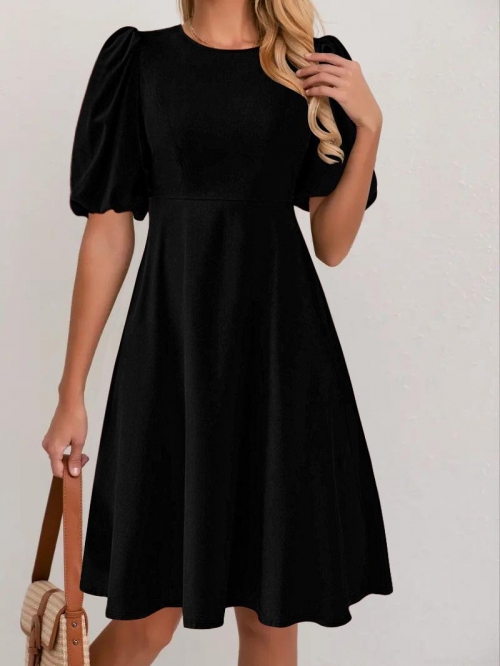 Women's Elegant Puff Short Sleeve Midi Dress Solid Color Round Neck A-Line Slim Fit Casual Polyester Spandex Dress For Daily Party Lady