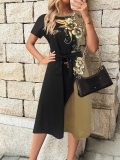 Women's Elegant Color Block Midi Dress Short Sleeve Round Neck Gold Floral Butterfly Print A-Line Splicing Dress With Waist Belt For Office Commute Casual Summer Party Ladies Clothing