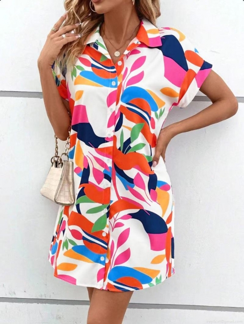 Women's Summer Short Sleeve Shirt Dress Polyester Spandex Abstract Tropical Print Button Down Midi A-Line Dress For Office Casual Vacation Fashion Outfit