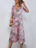 Women's Summer V-Neck Floral Leopard Print Midi Dress Short Sleeve Loose A-Line Boho Leisure Beach Vacation Sundress With Pockets