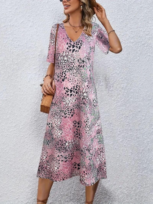 Women's Summer V-Neck Floral Leopard Print Midi Dress Short Sleeve Loose A-Line Boho Leisure Beach Vacation Sundress With Pockets