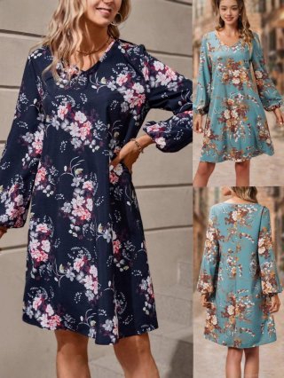 Women's Retro Floral Print Midi Dress Elegant V-Neck Lantern Long Sleeve A-Line Polyester Spandex Dress For Daily Vacation Party