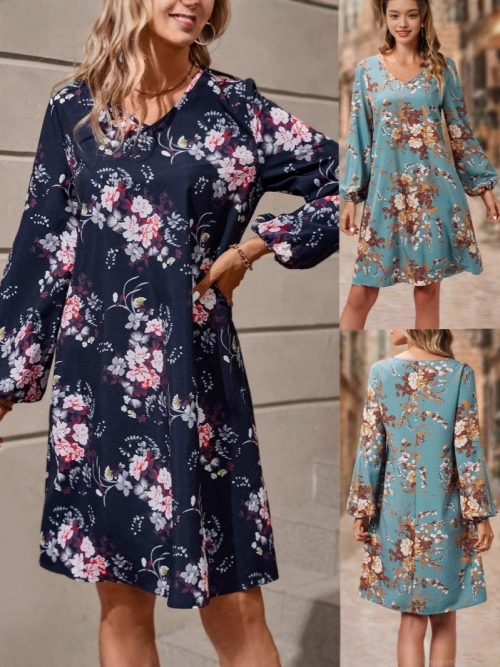 Women's Retro Floral Print Midi Dress Elegant V-Neck Lantern Long Sleeve A-Line Polyester Spandex Dress For Daily Vacation Party