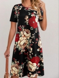 Women Elegant Printed Short Sleeve Midi Dress Loose Fit Round Neck Casual Summer Dress With Floral Marble Geometric Abstract Print For Women Plus Size XL-5XL