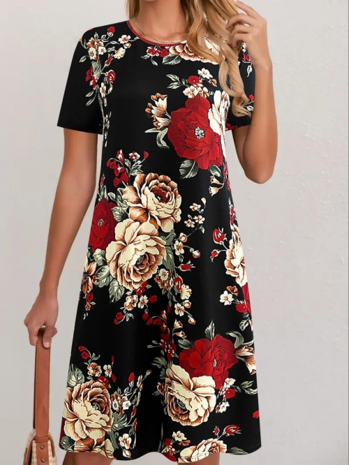 Women Elegant Printed Short Sleeve Midi Dress Loose Fit Round Neck Casual Summer Dress With Floral Marble Geometric Abstract Print For Women Plus Size XL-5XL
