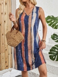 Women's Summer Bohemian Midi Dress Breathable Polyester Spandex V-Neck Sleeveless Side Pockets Abstract Vertical Stripe Color Block Print Casual Beach Holiday Vacation Sundress