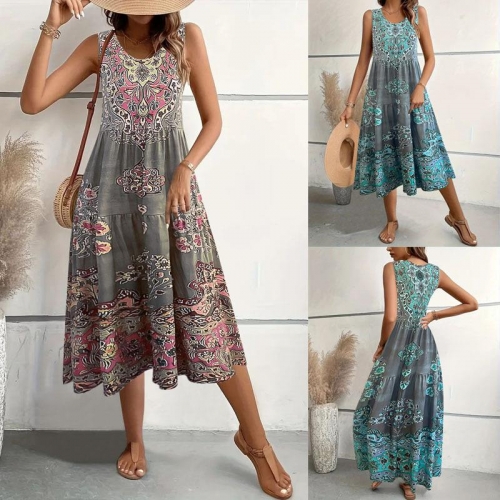 Women's Bohemian Floral Print Sleeveless Midi Dress Elegant Polyester Spandex Blend Round Neck A-Line Summer Vacation Beach Pullover Long Sundress