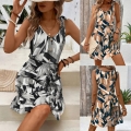 Women's Summer Bohemian Geometric Print Sleeveless Midi Dress V-Neck Tank Dress with Decorative Buttons and Tie Shoulder Bow Beach Vacation Dress