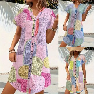 Women's V-Neck Short Sleeve Geometric Print Midi Dress Fashion Loose Button A-Line Summer Vacation Bohemian Polyester Spandex Casual Dress