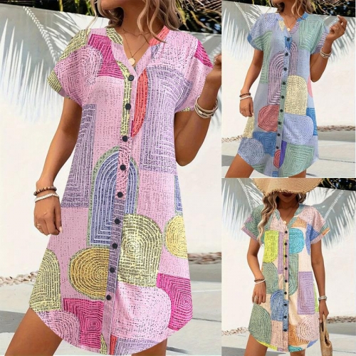 Women's V-Neck Short Sleeve Geometric Print Midi Dress Fashion Loose Button A-Line Summer Vacation Bohemian Polyester Spandex Casual Dress