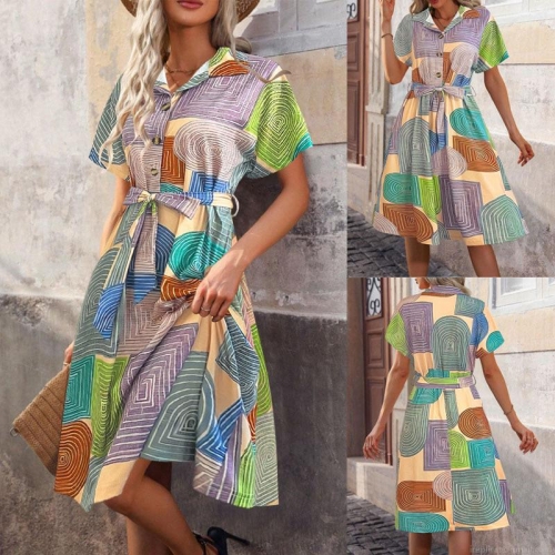 Women Summer Geometric Print Short Sleeve Midi Dress With Belt Lapel Button Down Shirt Dress For Travel Beach Holiday Casual Streetwear