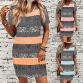 Women's Summer Stripe Print V-Neck Short Sleeve Dress Casual Loose Color Block Midi Dress Fashion Streetwear Polyester Spandex Dress