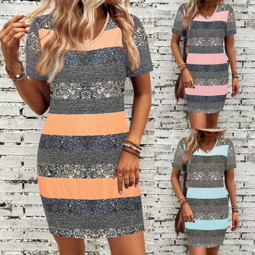 Women's Summer Stripe Print V-Neck Short Sleeve Dress Casual Loose Color Block Midi Dress Fashion Streetwear Polyester Spandex Dress