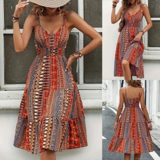Women's Bohemian Floral Print V-Neck Sling Dress Sexy Backless Sleeveless Tiered Midi Dress For Summer Vacation High Waist Polyester Spandex Dress