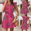 Women Paisley Floral Print Flutter Sleeve A-Line Midi Dress Round Neck Backless Tie-up Elastic Waist Summer Casual Vacation Beach Dress
