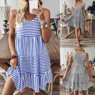 Women's Summer Striped Sleeveless Tiered Dress Casual Round Neck Midi Tank Dress For Vacation Beach Loose Boho Sun Dress