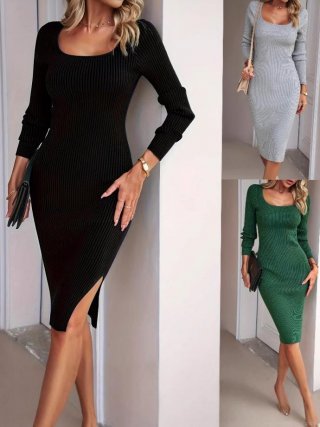 Women Elegant Ribbed Knit Midi Dress Long Sleeve Bodycon Sexy Side Slit U-Neck Solid Color Spring Autumn Office Commute Party Pencil Dresses