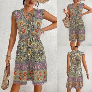 Women Bohemian Floral Printed Midi Dress V Neck Tie Flutter Sleeve High Waist Elastic A-Line Ruffle Hem Casual Vacation Party Elegant Milk Silk Sundress
