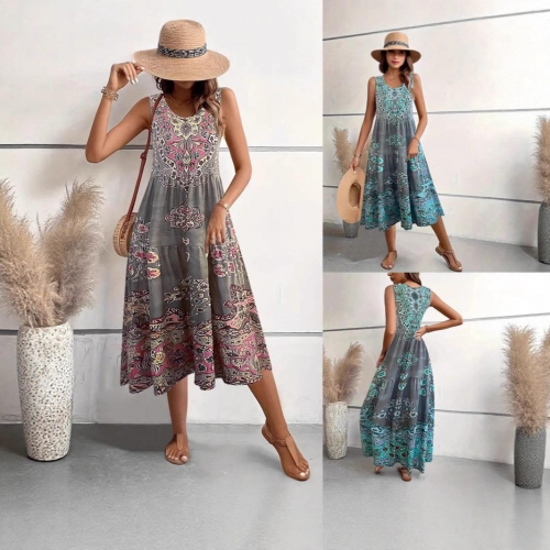 Women Bohemian Floral Print Sleeveless V-Neck Midi Dress Polyester Spandex High Waist A-Line Ethnic Vacation Beach Sundress Plus Size