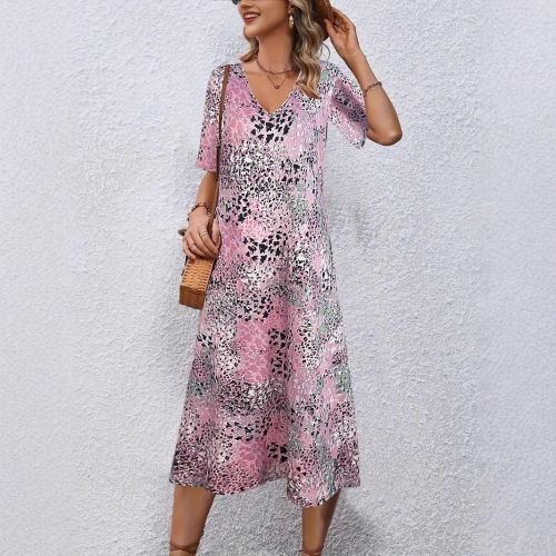 Women's Plus Size Floral Leopard Print V Neck Midi Dress Bohemian Short Sleeve Summer Casual Beach Party Dress With Pockets Polyester Spandex