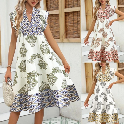 Women Summer Bohemian Floral Print Midi Dress V Neck Ruffle Sleeve Tiered A-Line Sundress Vacation Beachwear Casual Polyester Spandex Dress