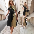 Women Floral Butterfly Print Color Block Midi Dress Round Neck Short Sleeve A-Line Polyester Spandex Dress With Belt Elegant Commuting Fashion Dress