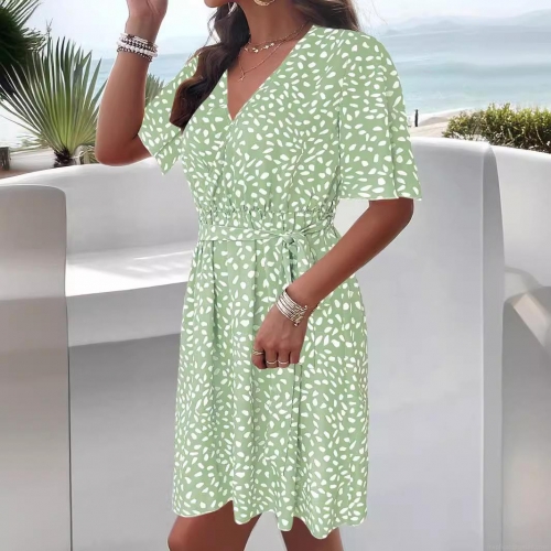 Plus Size Women V-Neck Polka Dot Print Dress Summer Casual Short Sleeve Belted A-Line Midi Dress For Vacation Resort Wear