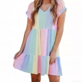 Women's Plus Size Summer Multicolor Striped V Neck Short Sleeve Dress Casual Colorblock Ruffle Hem A-Line Midi Dress Polyester Blend Striped SunDress