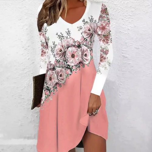 Women's Plus Size Long Sleeve V Neck Floral Print Patchwork Midi Dress Elegant A-Line Commuter Casual Party Dress For Ladies