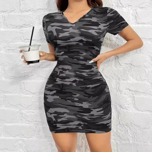 Women Plus Size Camouflage Print V-Neck Short Sleeve Bodycon Midi Dress Casual Slim Fit Camo Sheath Clubwear Polyester Spandex Summer Sundress