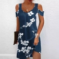 Women's Plus Size V Neck Cold Shoulder Dress Summer Floral Leopard Print Casual Slim Midi Dress Short Sleeve Pullover Beach Vacation Ladies Sundress