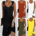 Women's Elegant Sleeveless V-Neck Midi Dress With Metal Buckle Solid Color Slim Fit Summer Commuter Dress Ladies Sexy Bodycon Casual Party Gowns Fashion